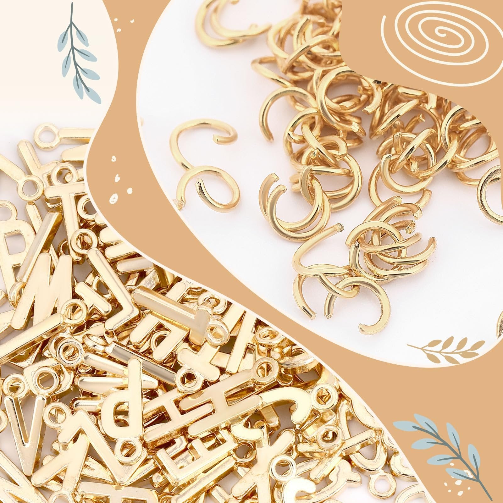 Gold alphabet letter charms and jump rings scattered on a white background with decorative beige overlays.