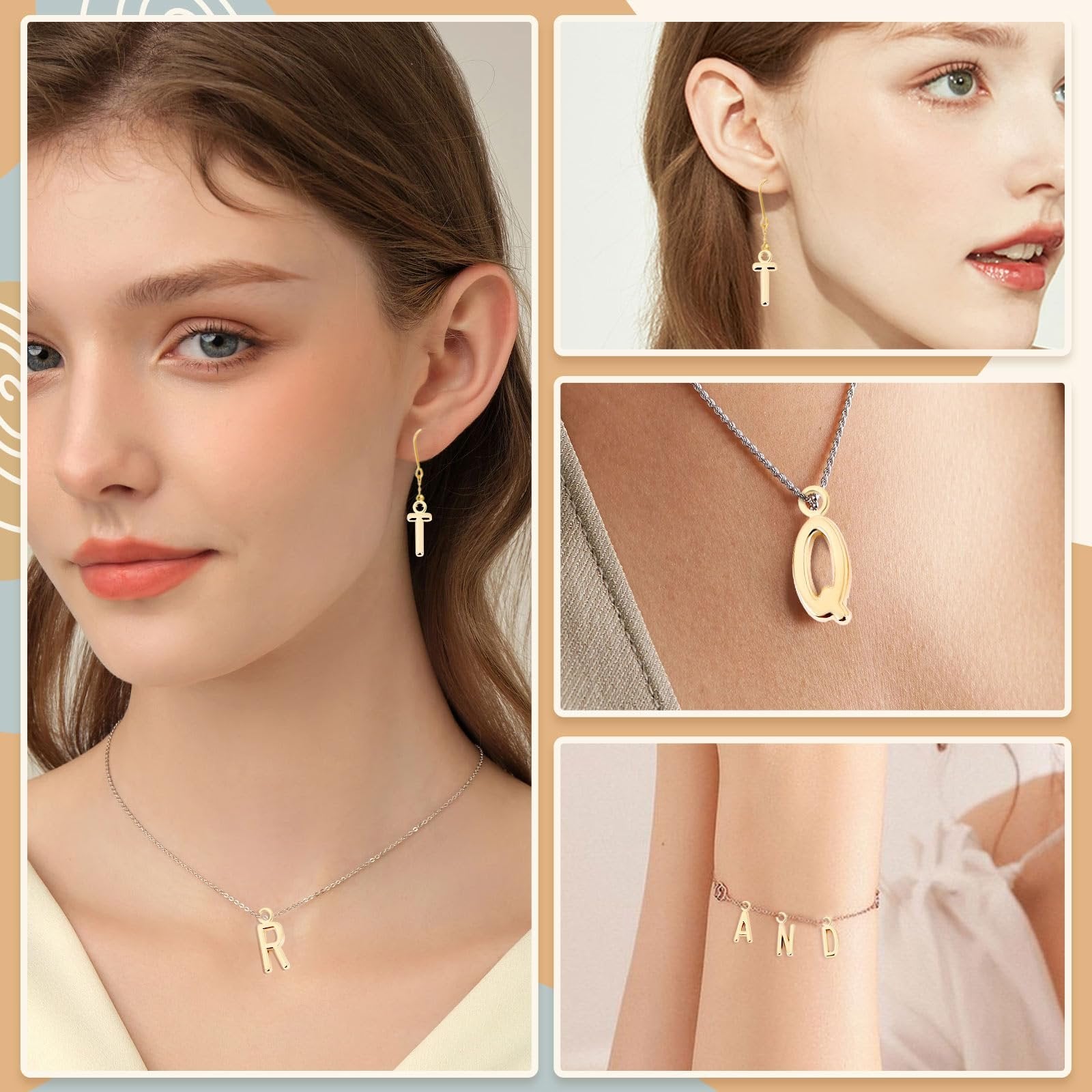 Collage of models wearing gold letter charms: ankh earring, Q necklace, R necklace, and AND bracelet.