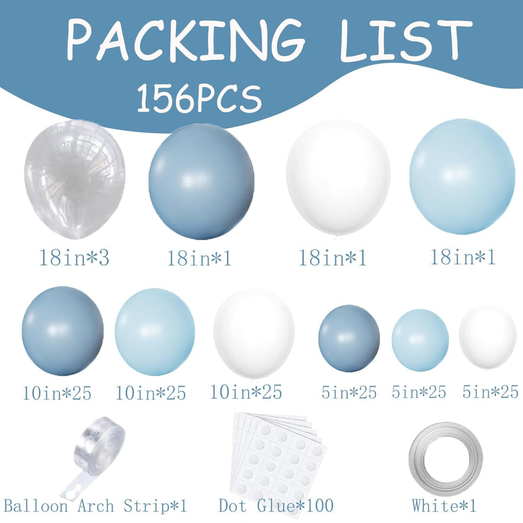 Dusty blue, light blue, and white balloons with sizes and quantities, plus balloon arch strip and dot glue.