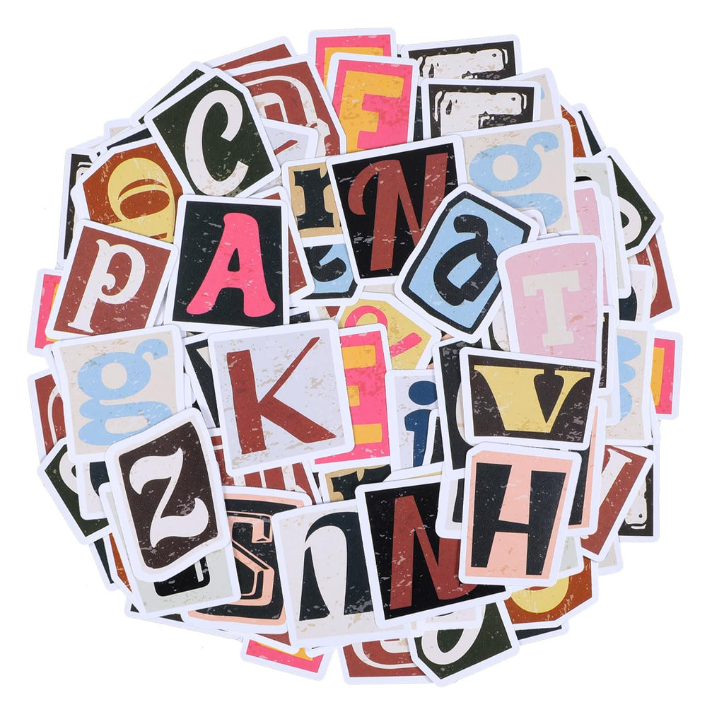 Pile of retro alphabet stickers with letters A, C, G, H, K, N, P, T, V, Z and others.