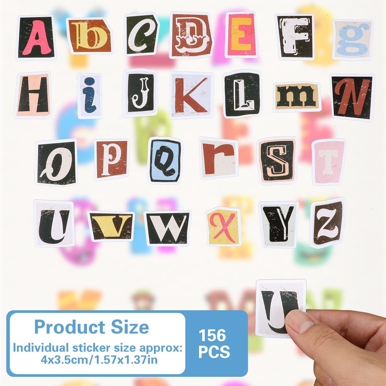 Retro alphabet stickers A-Z shown in a grid, with a hand holding one sticker at the bottom right.