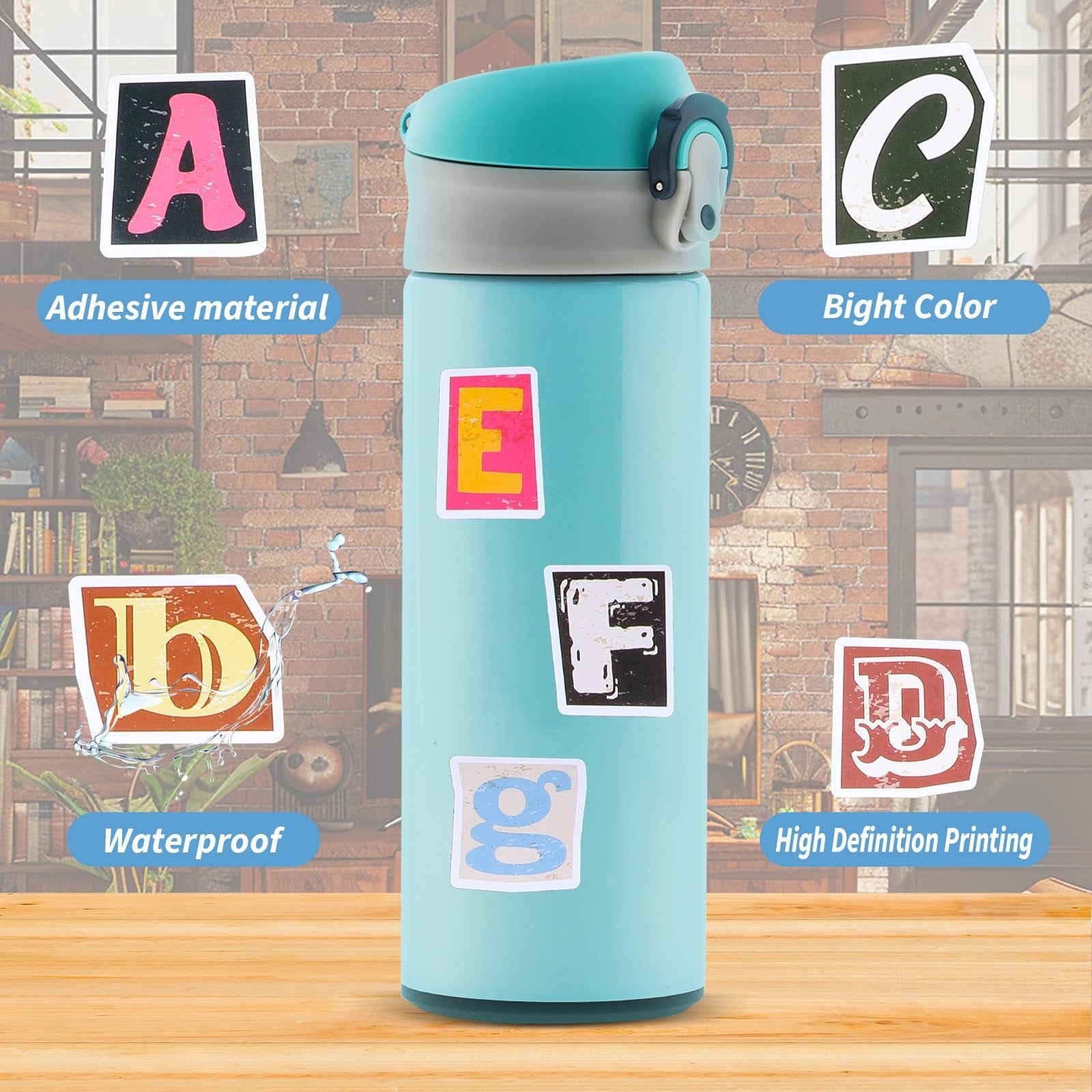 Retro alphabet stickers applied to a teal water bottle, with feature callouts.