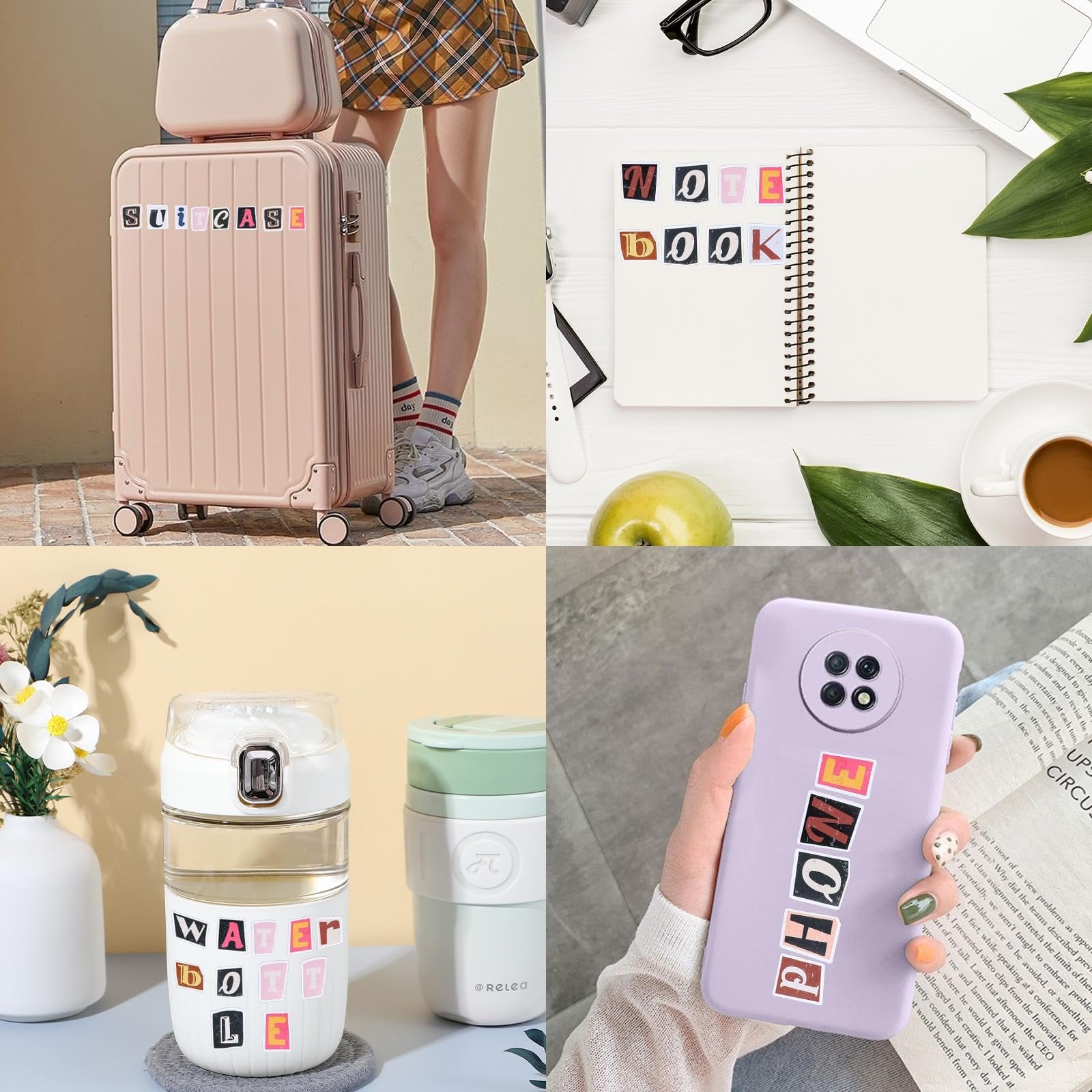Collage of lifestyle images showing retro alphabet stickers applied to a suitcase, notebook, water bottle, and phone case.