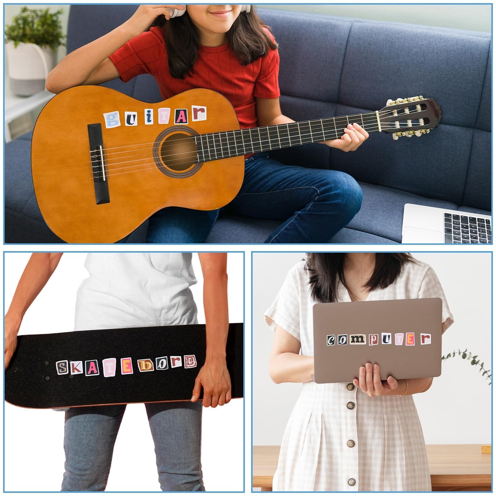 Collage of three lifestyle images showing retro alphabet stickers spelling out words on a guitar, skateboard, and laptop.