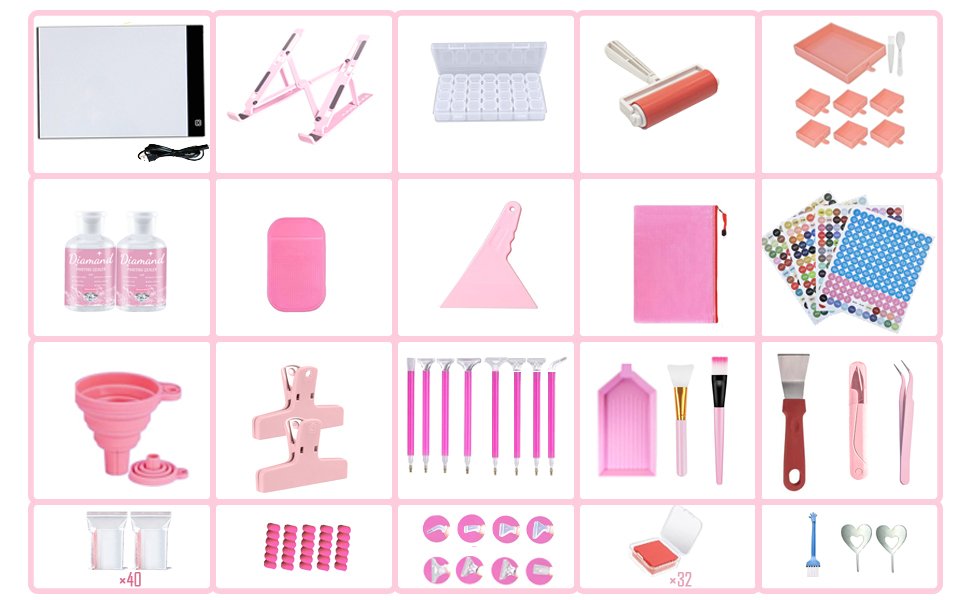 Diamond art accessories kit including light pad, storage boxes, roller, funnel, pens, brushes, tweezers, and sealer glue bottles.