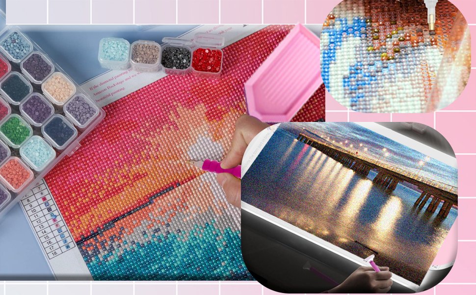 Diamond art kit with beads, tools, and light pad showing a sunset pier image
