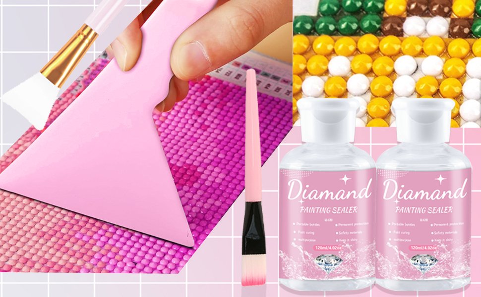 Diamond art accessories including a pink scraper, brushes, and two bottles of sealer on a grid background.
