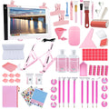 Diamond art accessories kit with light pad, sealer glue, pens, storage box, and various tools laid out.