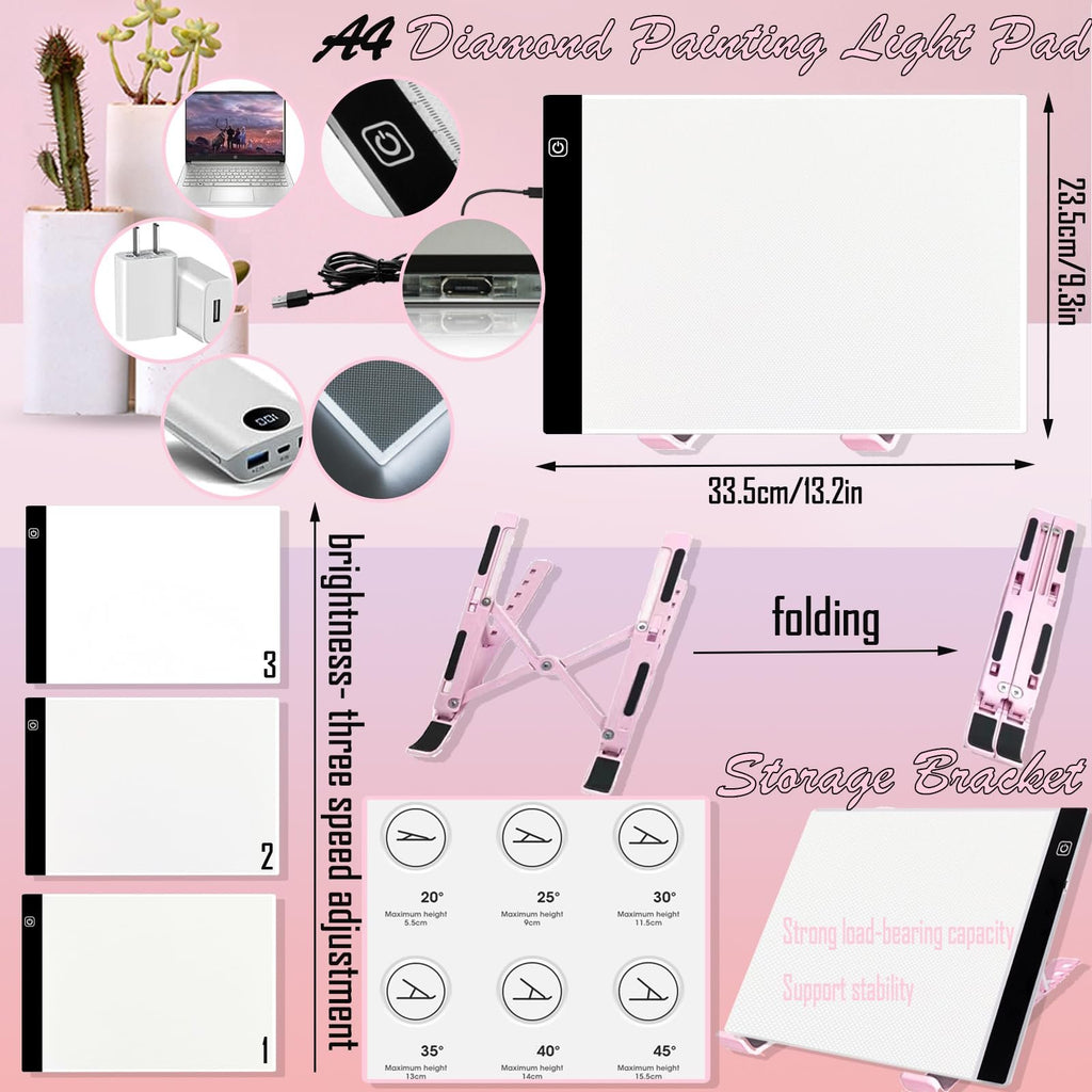 A4 diamond painting light pad with accessories including USB cable, power adapter, and folding storage bracket, showing dimensions and brightness adjustment.