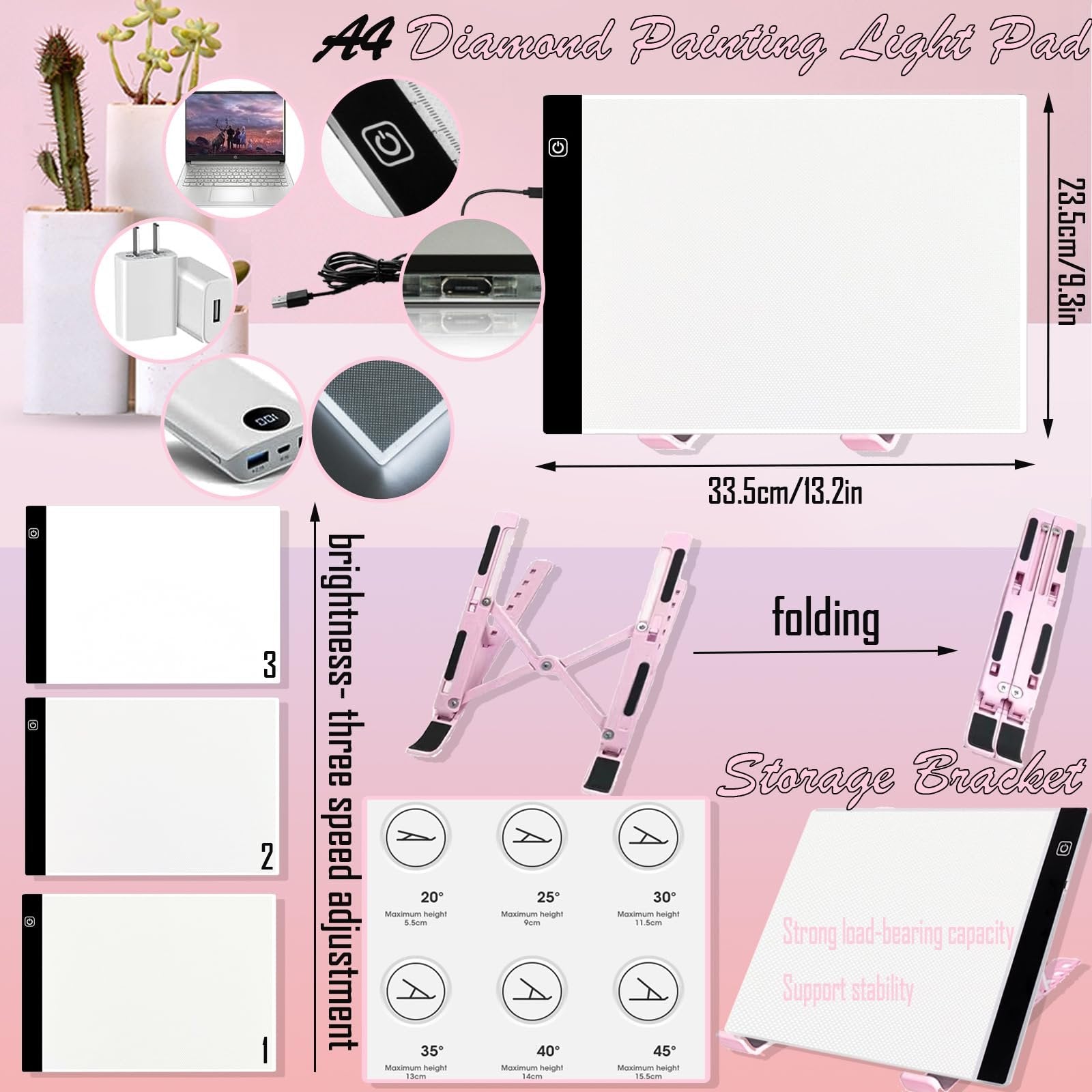 A4 diamond painting light pad with accessories including USB cable, power adapter, and folding storage bracket, showing dimensions and brightness adjustment.