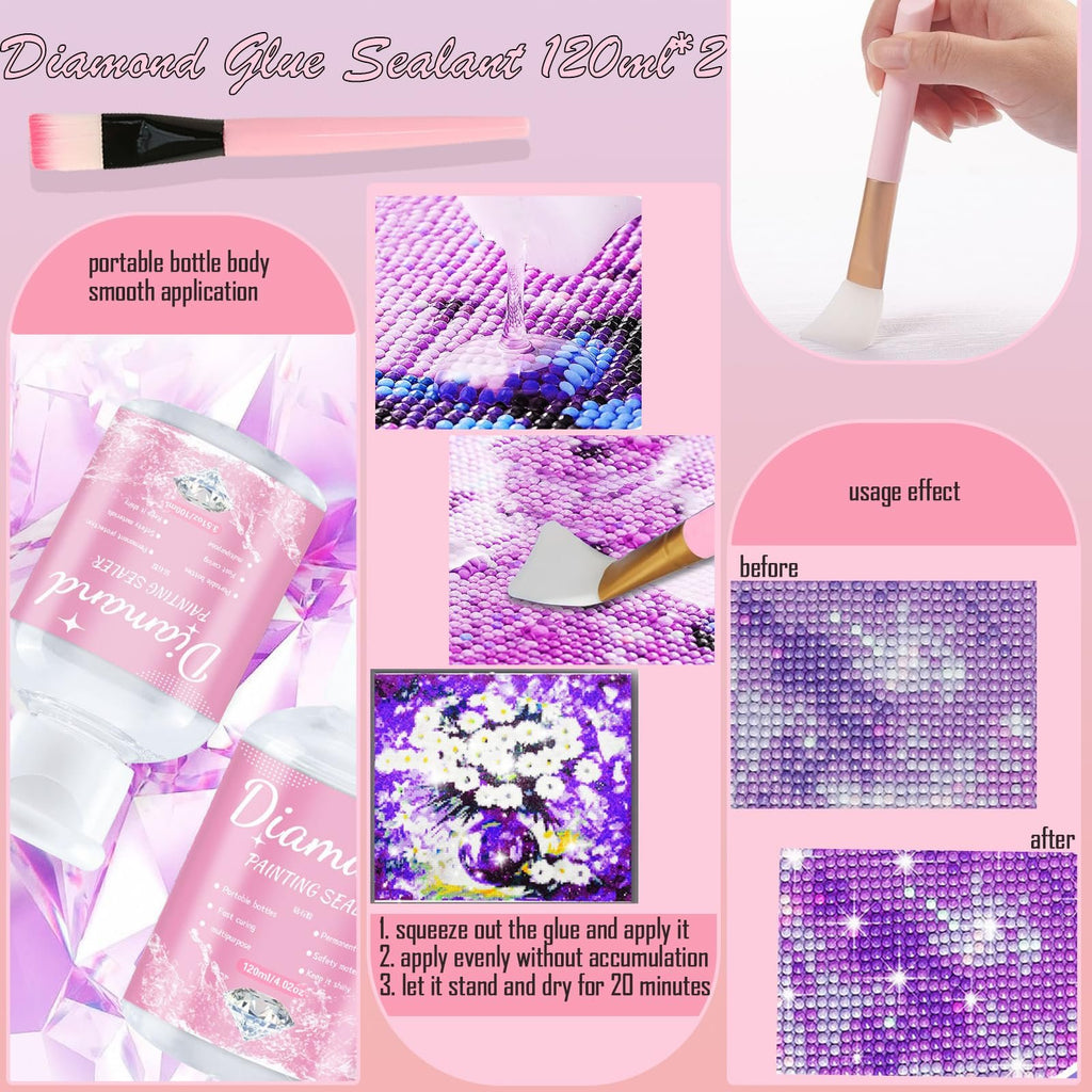Diamond painting sealant bottles with application brush and usage effect comparison before and after application.