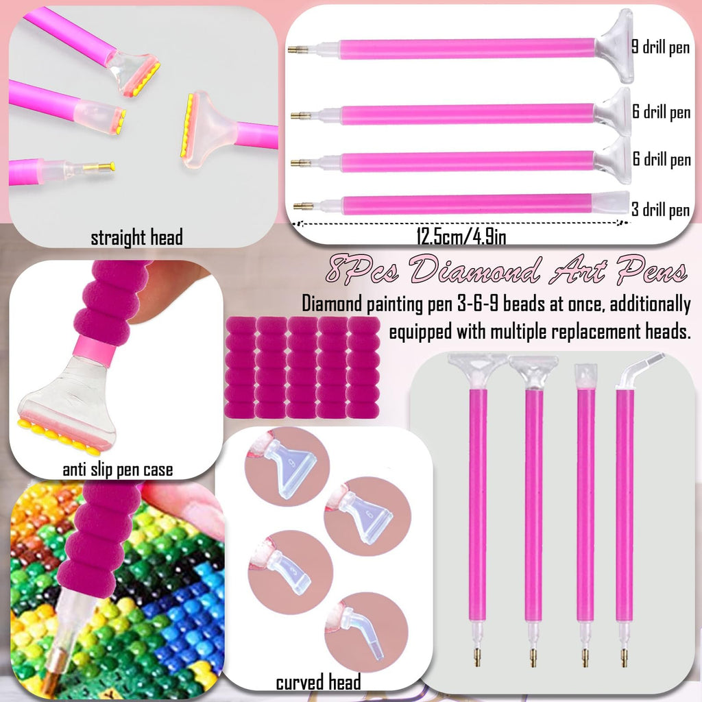 Diamond art pens with multiple drill heads and anti-slip pen cases shown in various configurations.