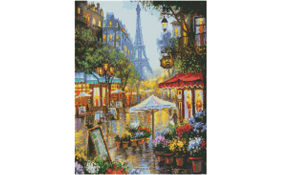 Diamond painting kit showing a Parisian street scene with the Eiffel Tower in the background, cafes, and flowers.