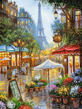 Diamond painting kit with a Parisian street scene featuring the Eiffel Tower, cafes, flower stalls, and a couple walking in the rain.