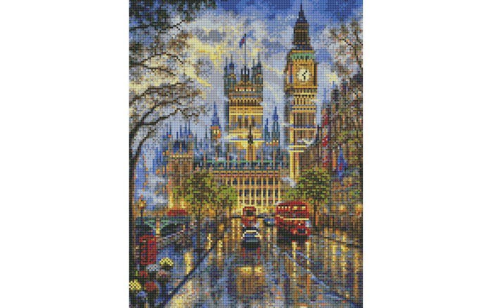 Diamond painting kit depicting Big Ben and the Houses of Parliament in London with red double-decker buses on a wet street.