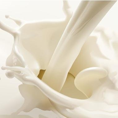 Milk splashing and pouring into a pool of milk, creating dynamic waves and droplets.