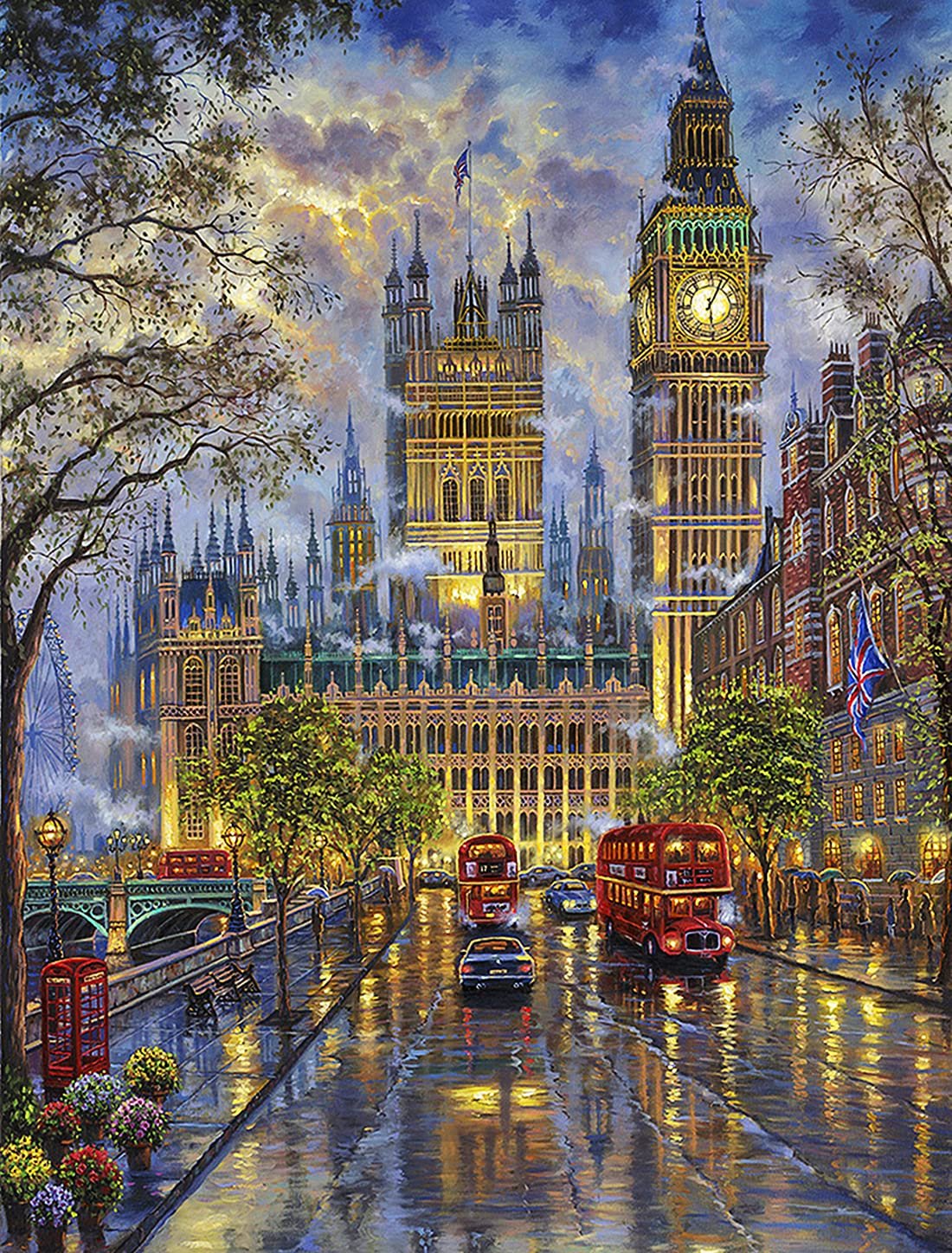 Diamond painting kit depicting Big Ben and the Houses of Parliament in London at dusk, with red double-decker buses and cars on a wet street.