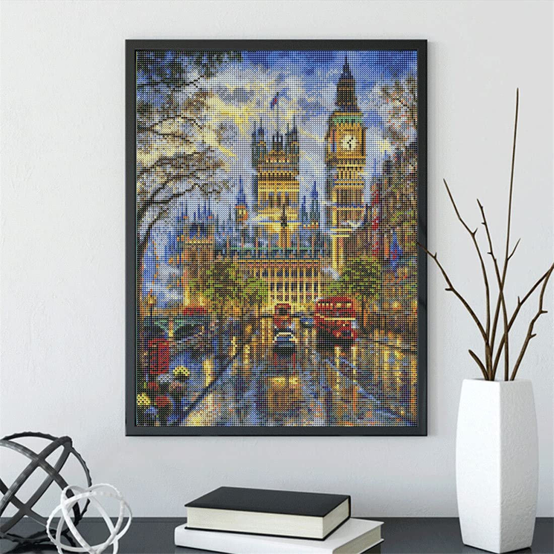 Framed diamond painting kit depicting Big Ben and the Houses of Parliament in London at night, with red double-decker buses.