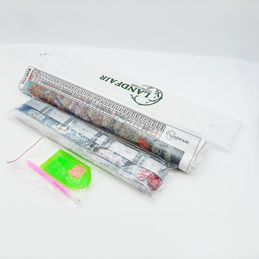 Diamond painting kit contents including canvas, diamond bags, and tools on a white background.