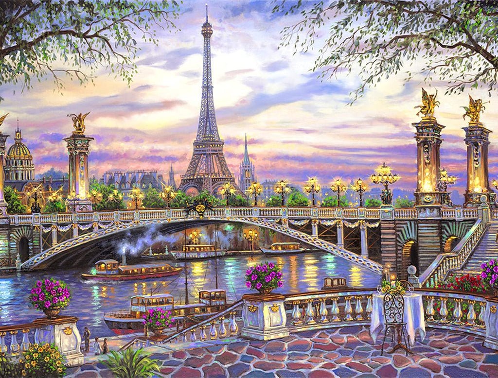 Diamond painting kit depicting Paris at sunset with the Eiffel Tower and a bridge over the Seine River.