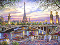 Diamond painting kit depicting Paris at sunset with the Eiffel Tower and a bridge over the Seine River.