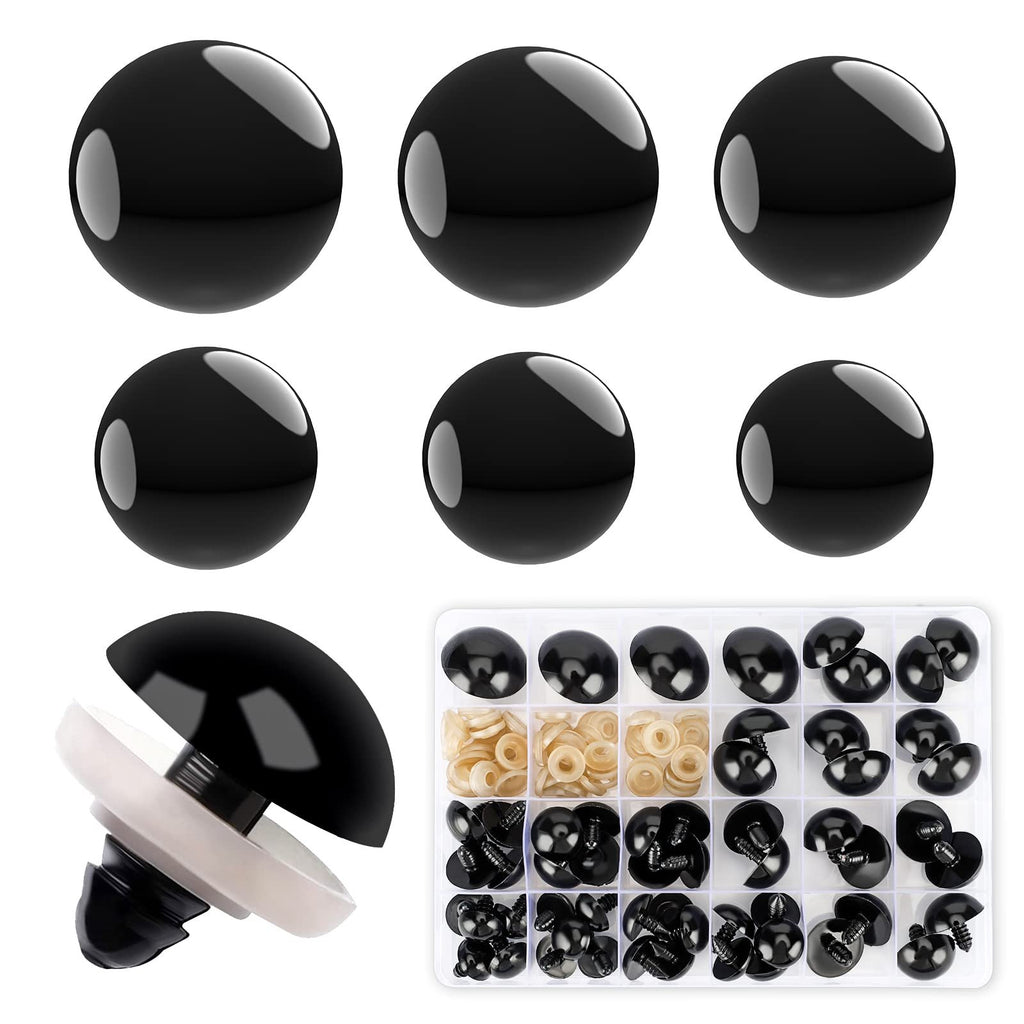 Black safety eyes and washers for amigurumi and stuffed animals, shown in a clear organizer case and individually.