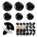 Black safety eyes and washers for amigurumi and stuffed animals, shown in a clear organizer case and individually.