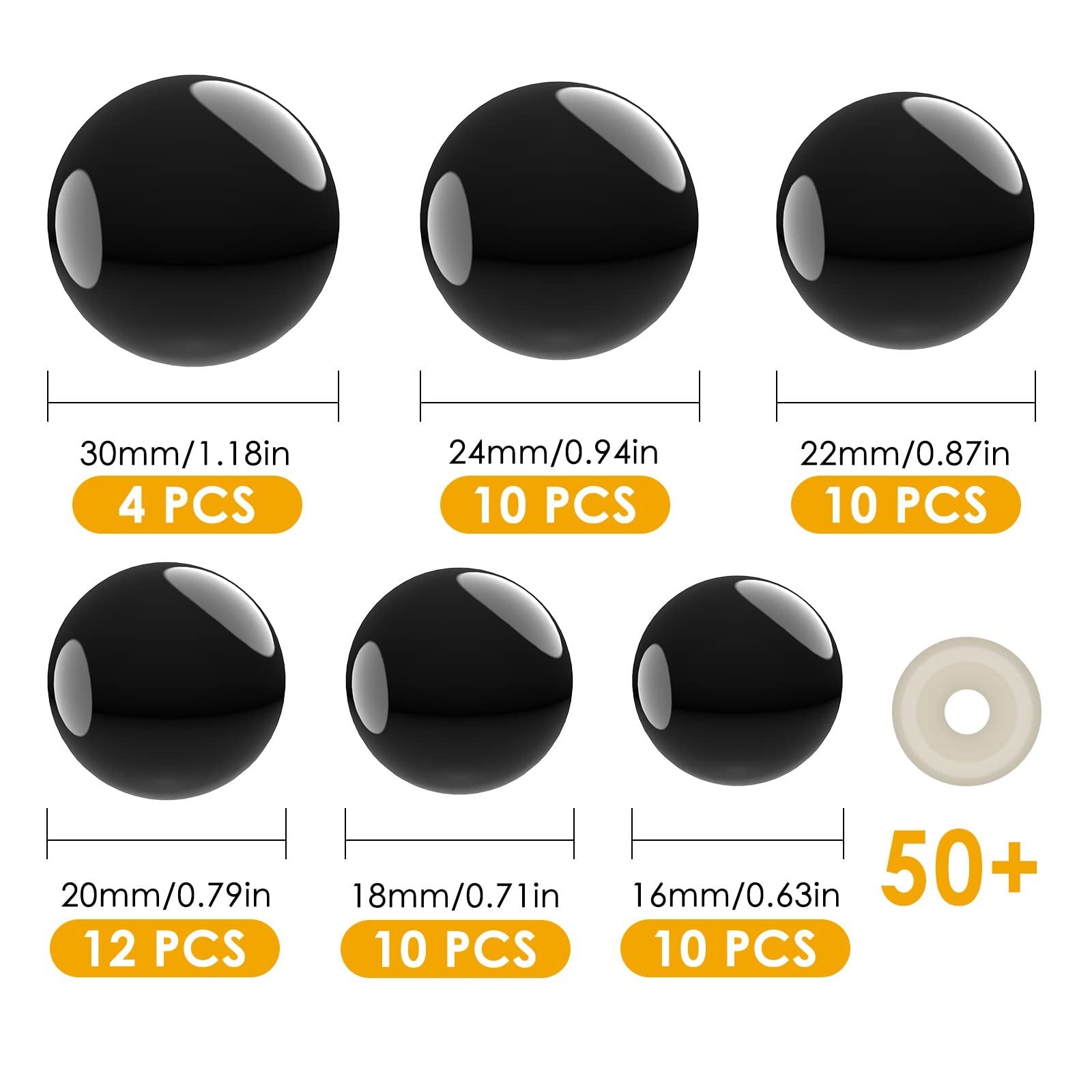 Set of black safety eyes in various sizes with quantity and measurement labels, plus a washer.
