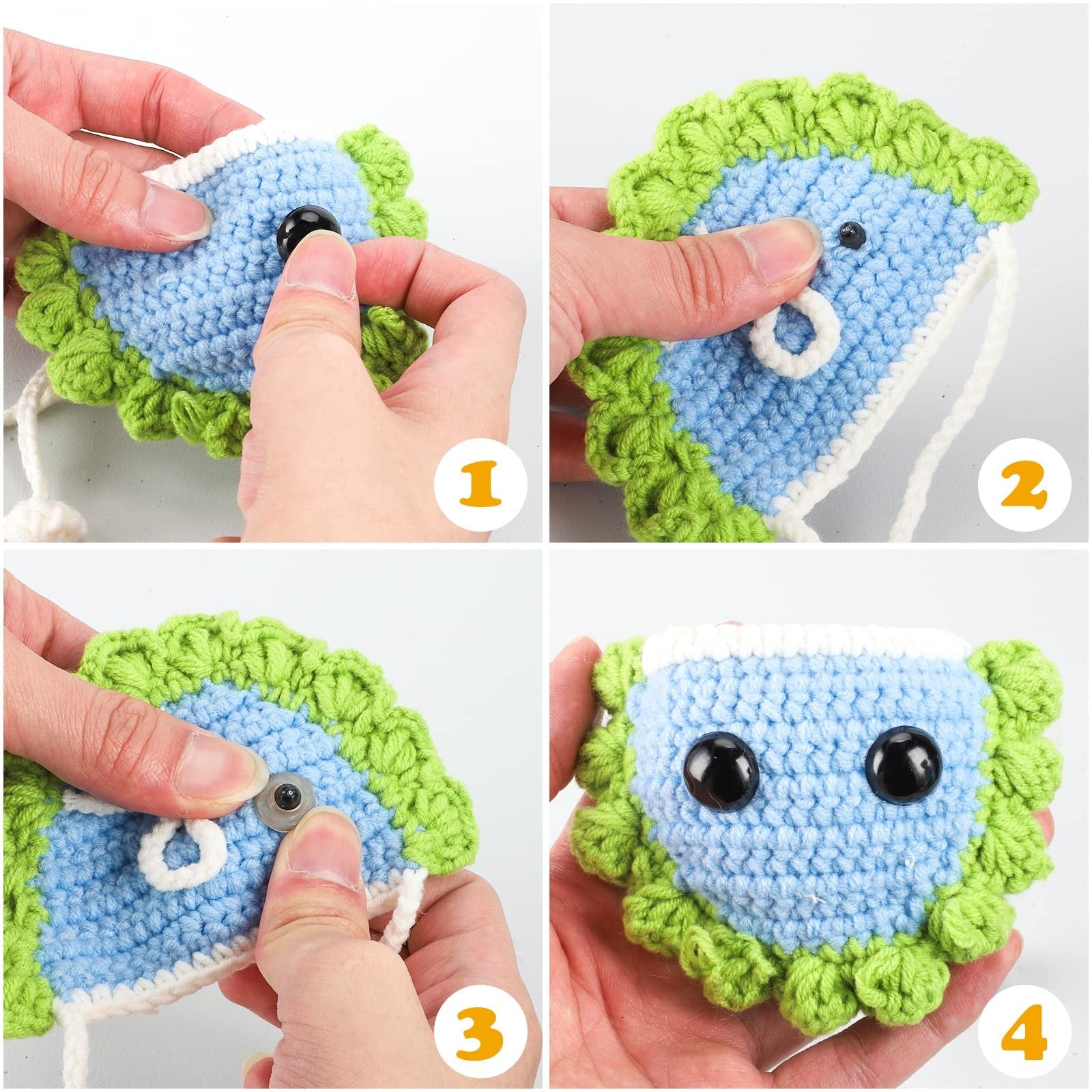 Crocheted blue and green creature with black safety eyes being assembled, showing step-by-step instructions.