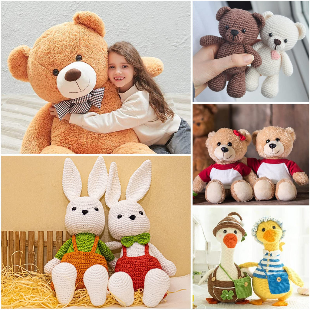 Collage of crocheted stuffed animals including a girl hugging a large teddy bear, small teddy bears, bunnies, and ducks.
