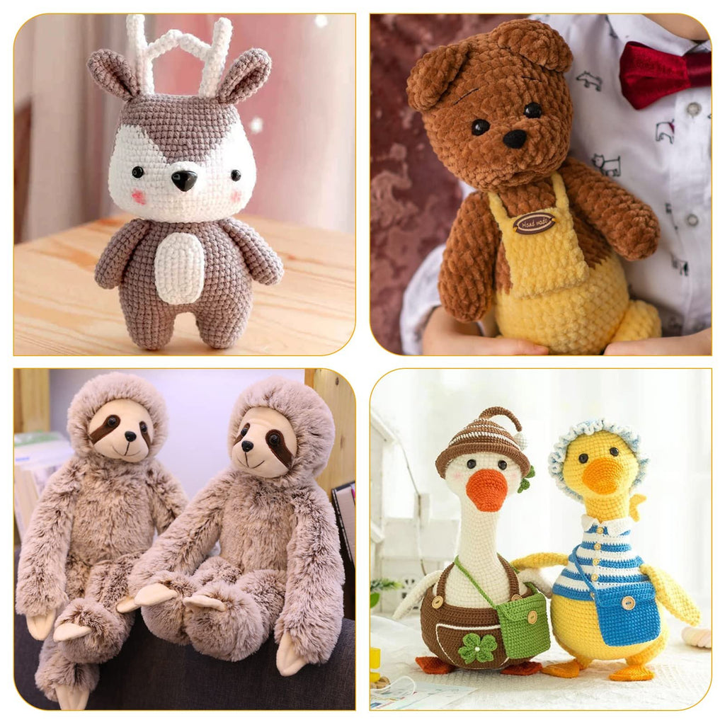 Collage of four crocheted stuffed animals: a deer, a bear, two sloths, and two ducks.