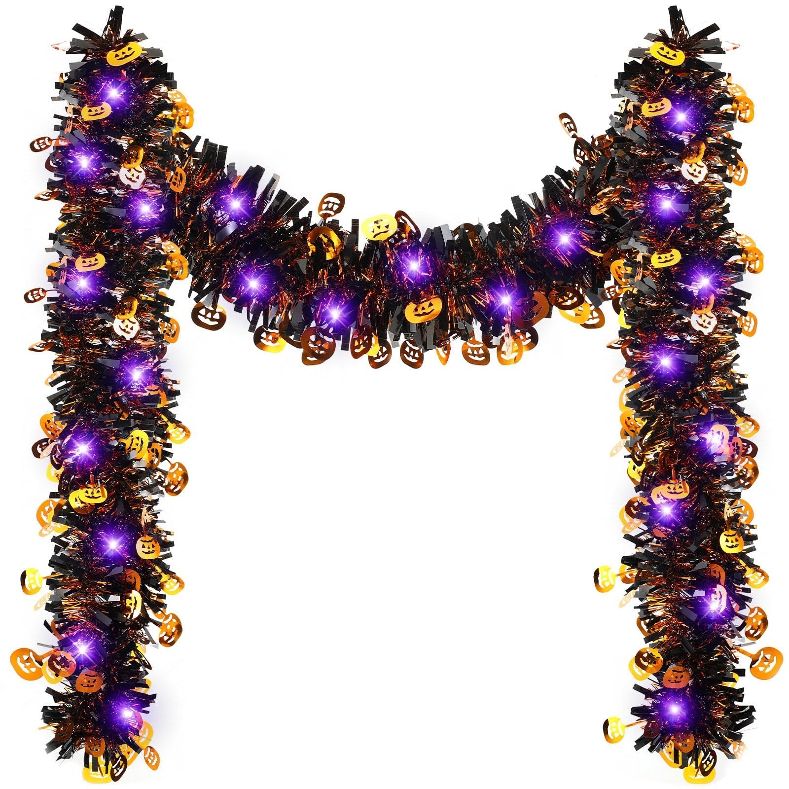 Halloween tinsel garland with purple LED lights and pumpkin sequins, displayed in an M-shape against a white background.