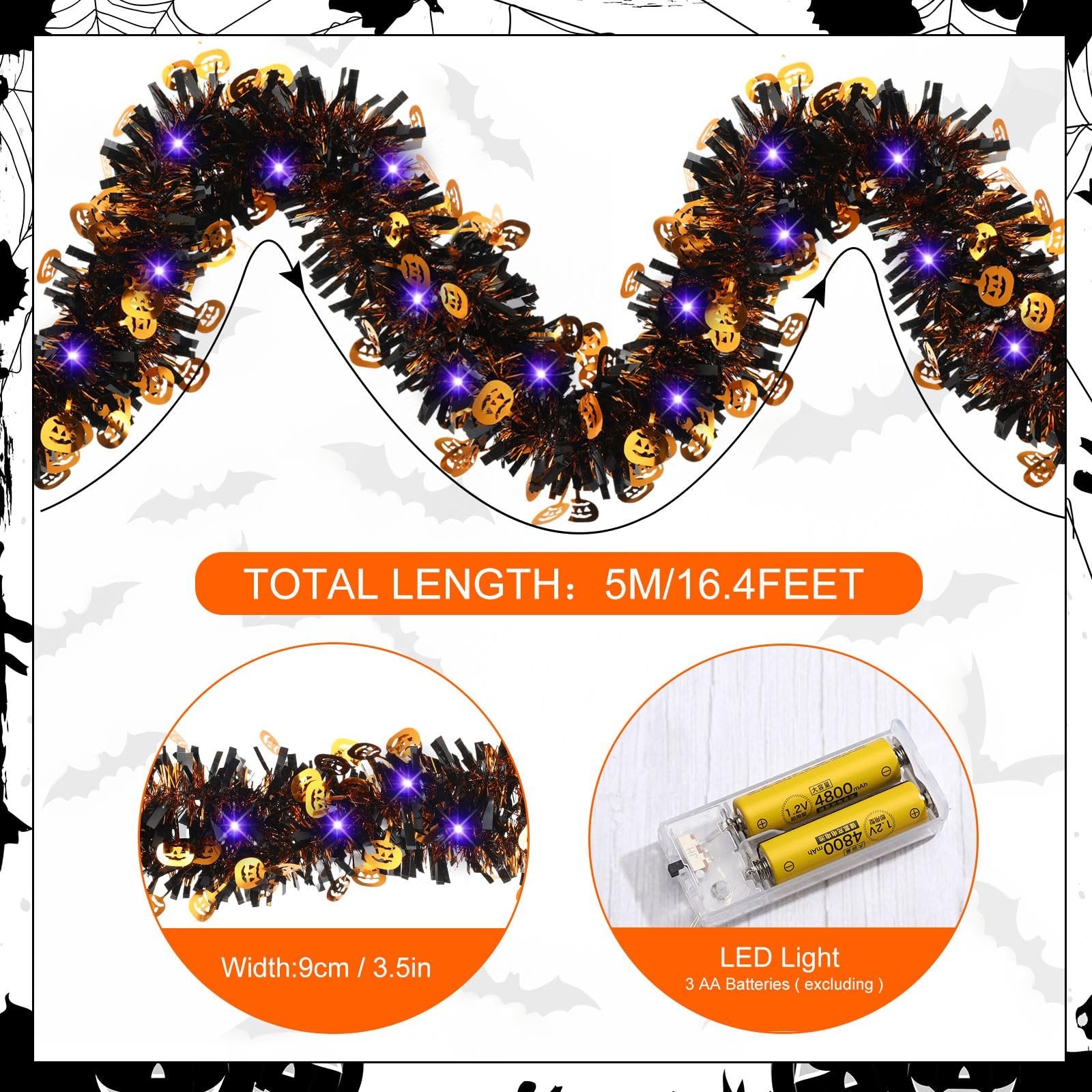 Halloween tinsel garland with purple LED lights and pumpkin sequins, showing total length and width, and battery pack.