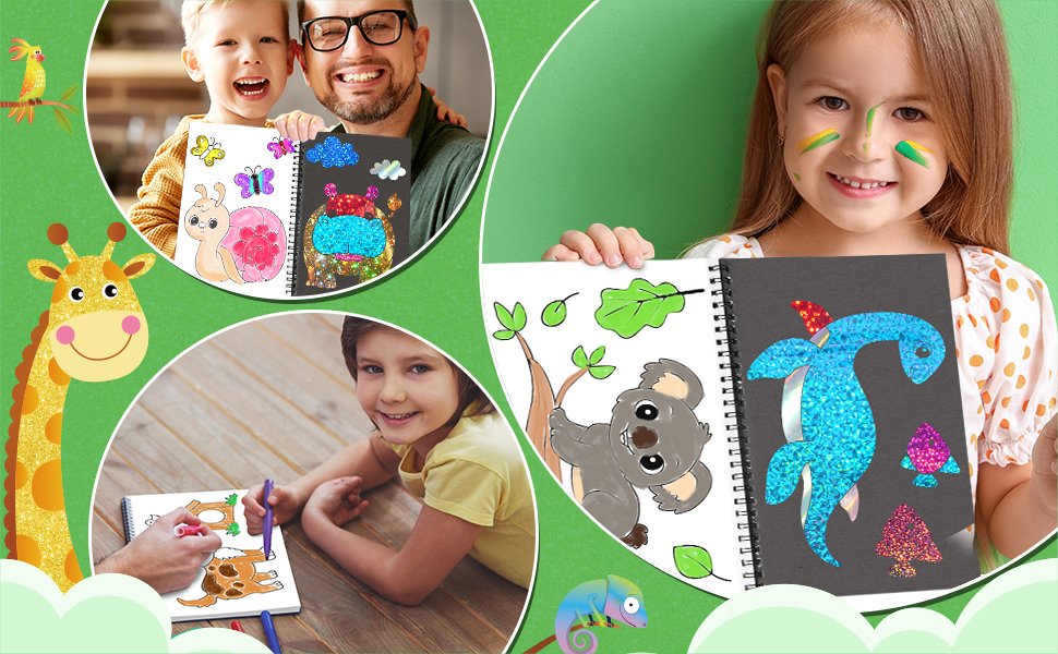 Children and adult holding up completed foil art projects, including a snail, hippo, dinosaur, and koala.