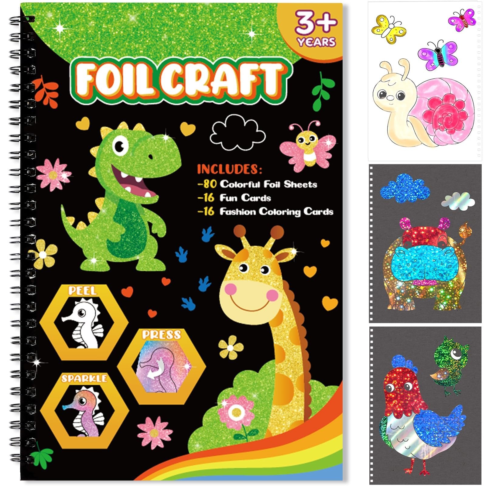 Foil craft kit cover with dinosaur and giraffe illustrations, includes instructions for peel, press, and sparkle.