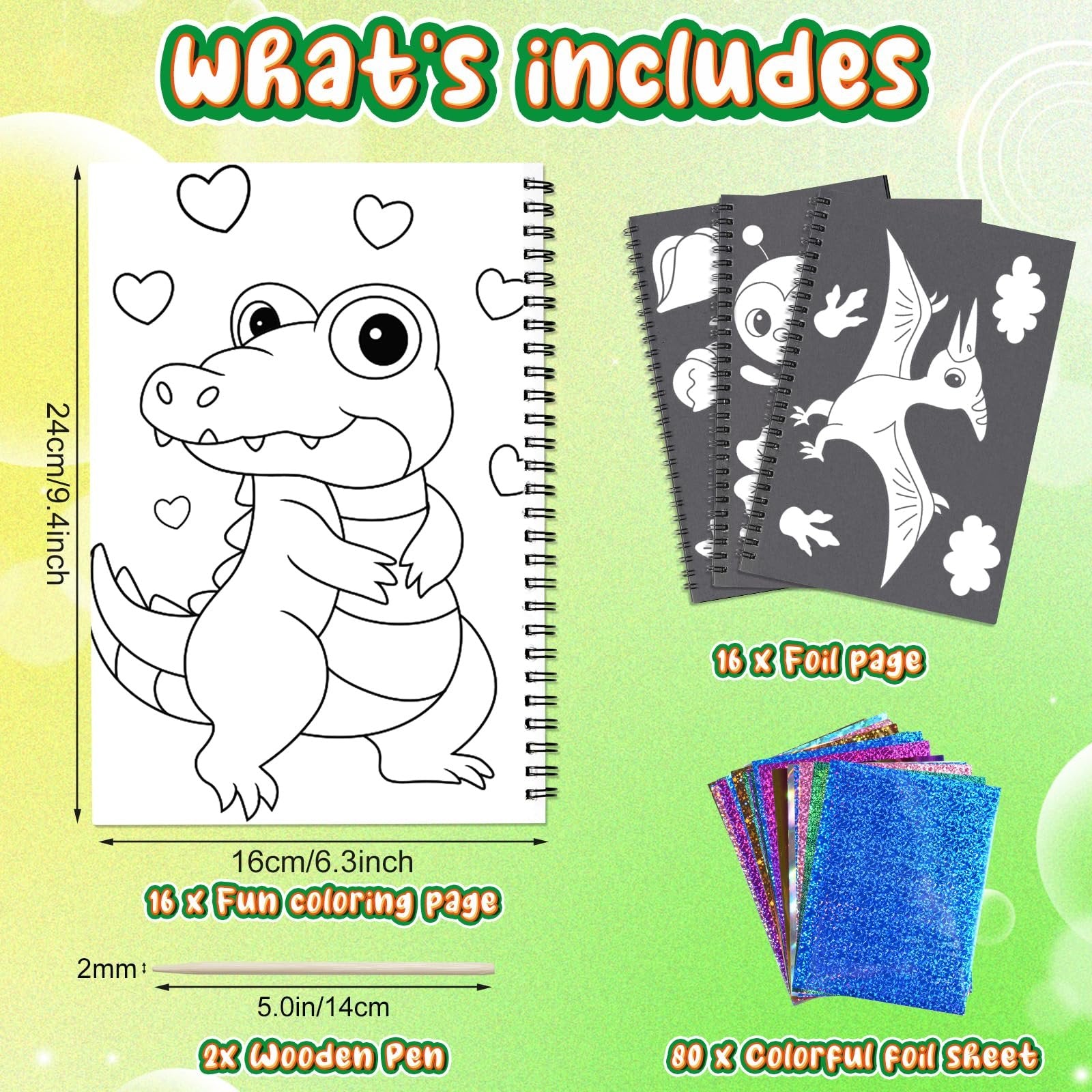 Animal foil craft kit contents including a coloring book, foil pages, and wooden pens on a green background.