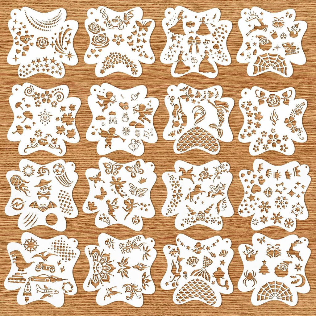 Grid of 16 white face paint stencils with various patterns like butterflies, flowers, mermaids, and holiday themes on a wooden background.