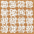 Grid of 16 white face paint stencils with various patterns like butterflies, flowers, mermaids, and holiday themes on a wooden background.