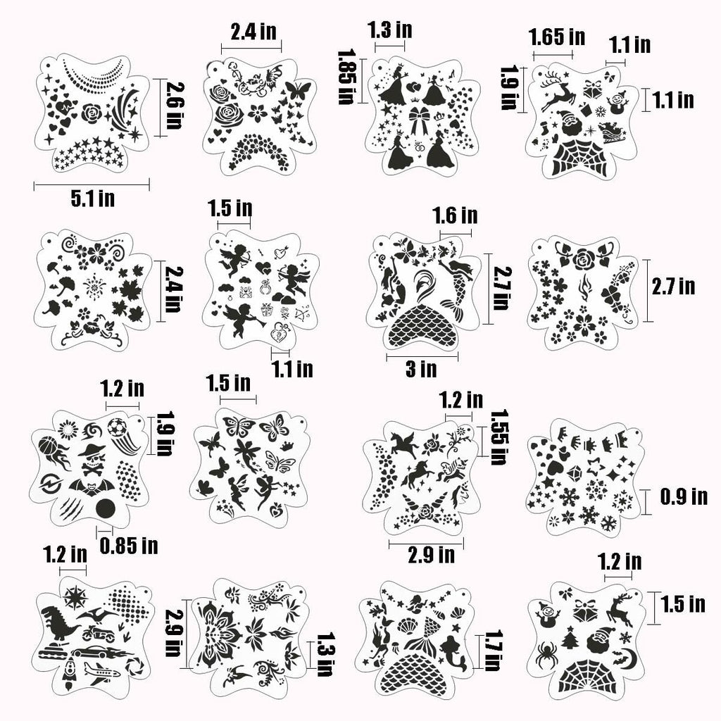 Collection of 16 face paint stencils with various patterns including butterflies, princesses, mermaids, and animals, each with dimension callouts.