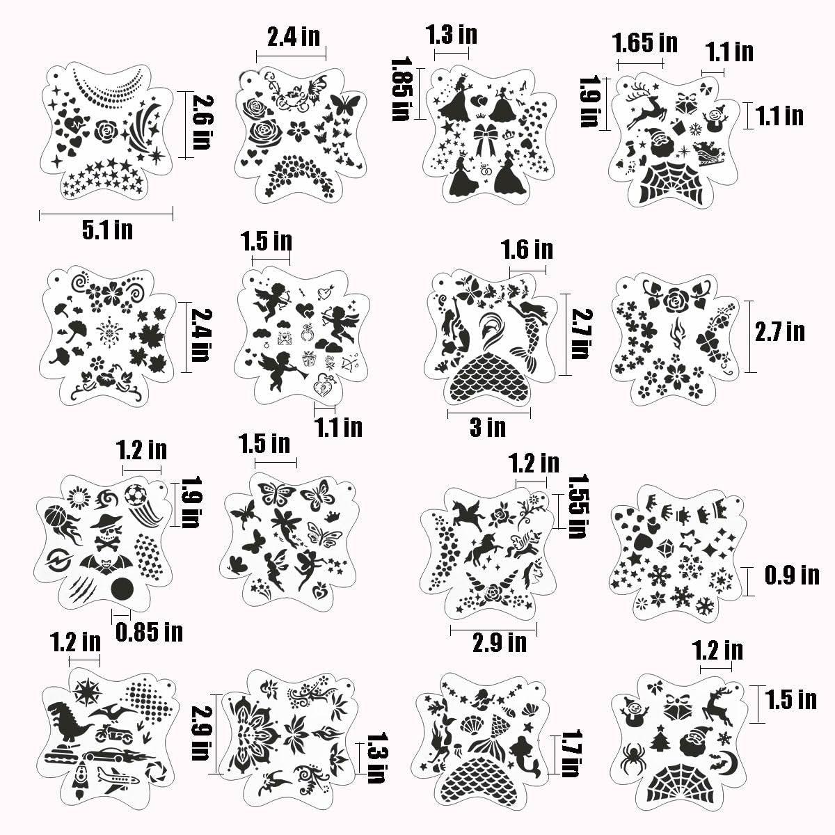 Collection of 16 face paint stencils with various patterns including butterflies, princesses, mermaids, and animals, each with dimension callouts.
