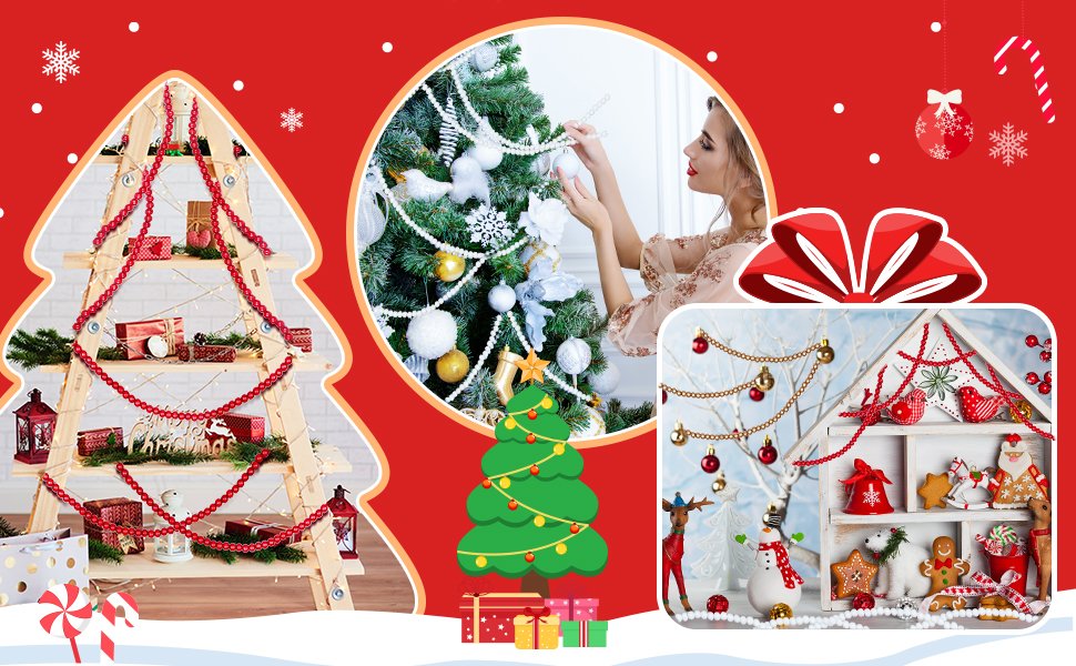 Christmas decorations including garlands, ornaments, and figurines displayed on a ladder and in a shelf unit.