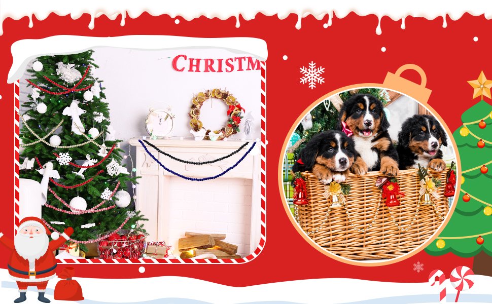Christmas scene with decorated tree, fireplace, and three puppies in a basket, framed by festive graphics.