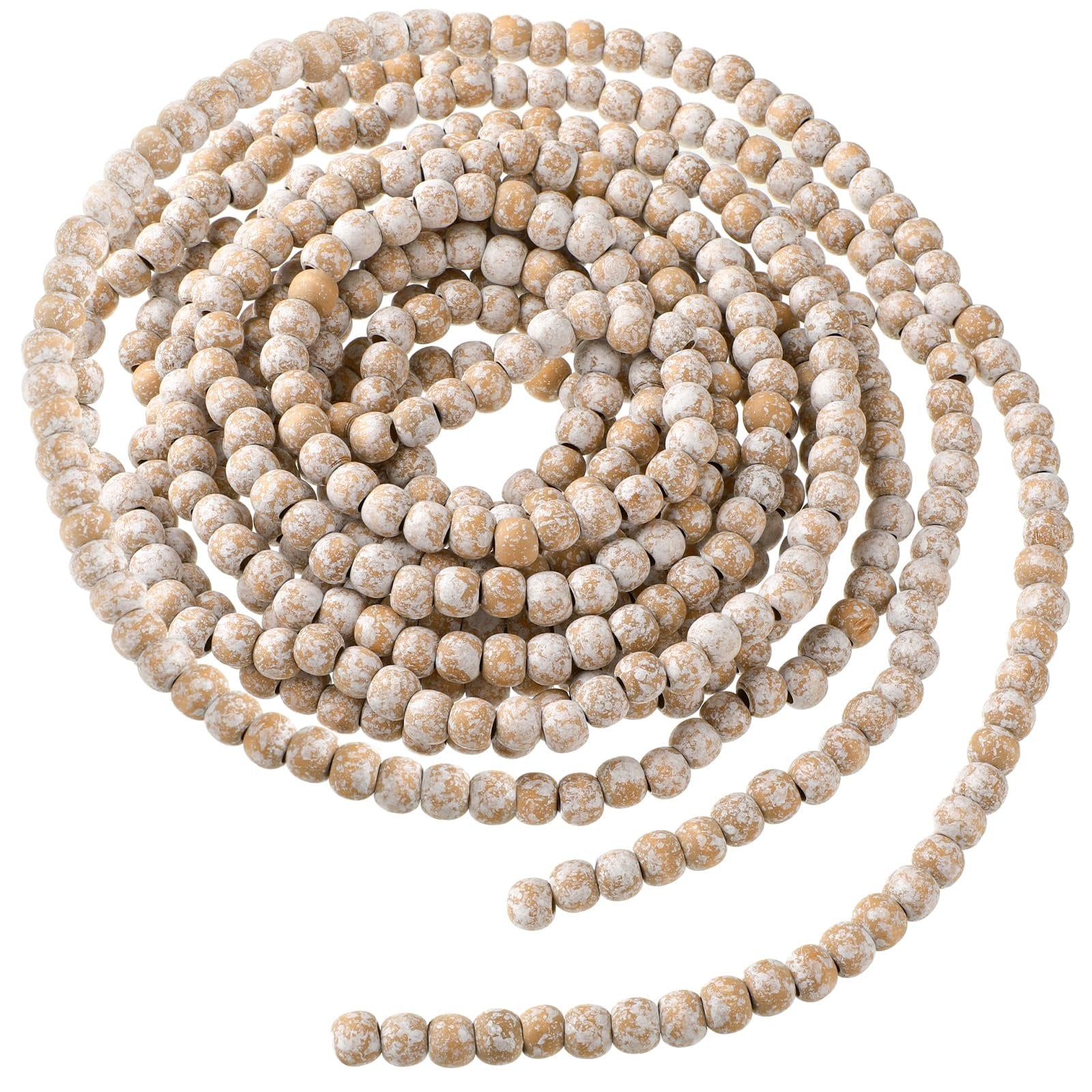 Coiled strand of rustic wooden beads with a distressed white and natural wood finish, isolated on a white background.