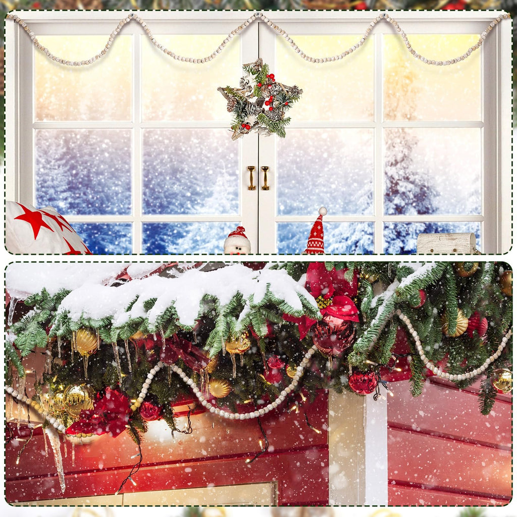 Christmas wood bead garland draped across a snowy window and on a decorated Christmas tree.