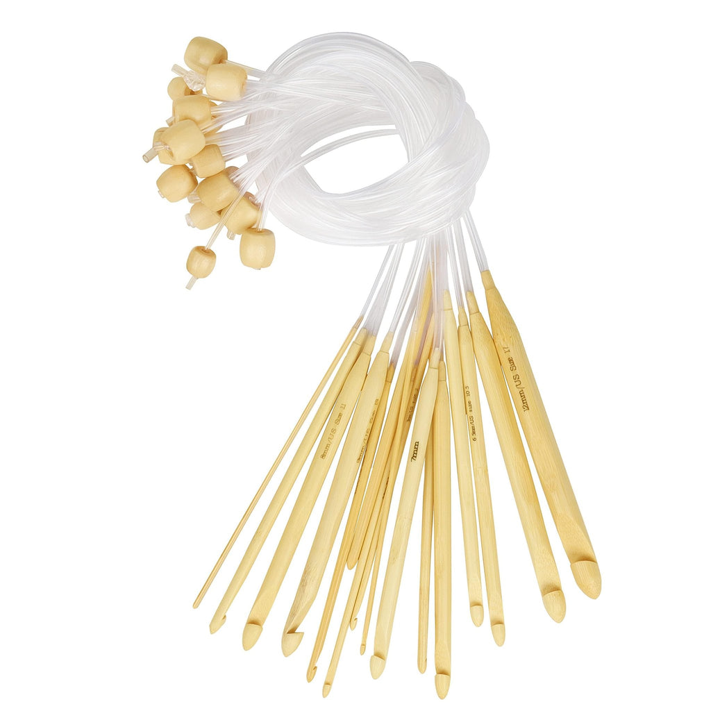 Set of bamboo Tunisian crochet hooks with plastic cables and bead ends, displayed fanned out on a white background.