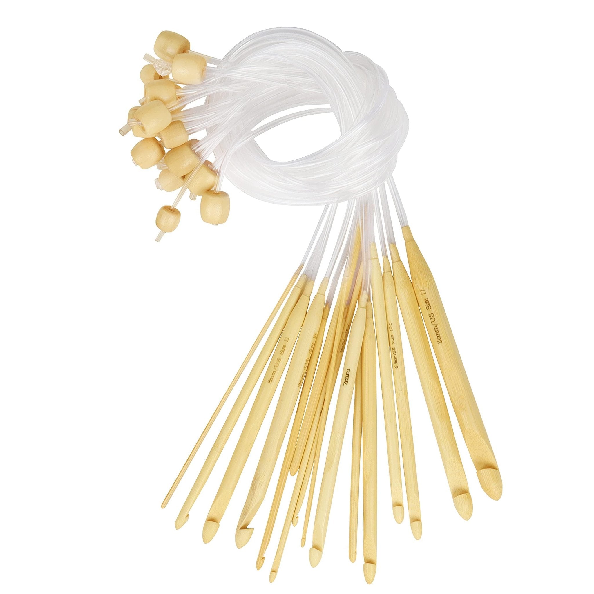 Set of bamboo Tunisian crochet hooks with plastic cables and bead ends, displayed fanned out on a white background.