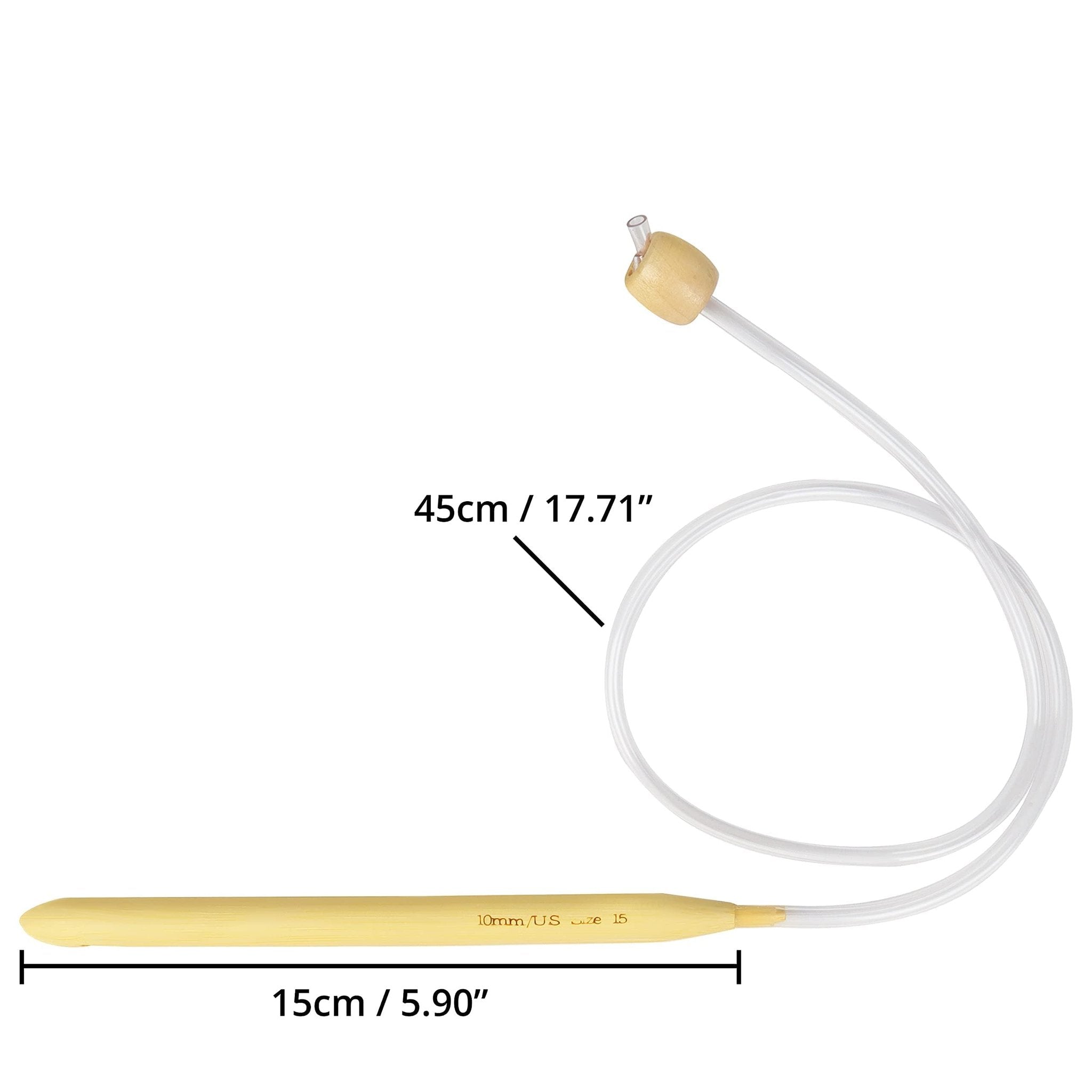Tunisian crochet hook with 45cm cable, showing size 10mm / US 15 and 15cm hook length.