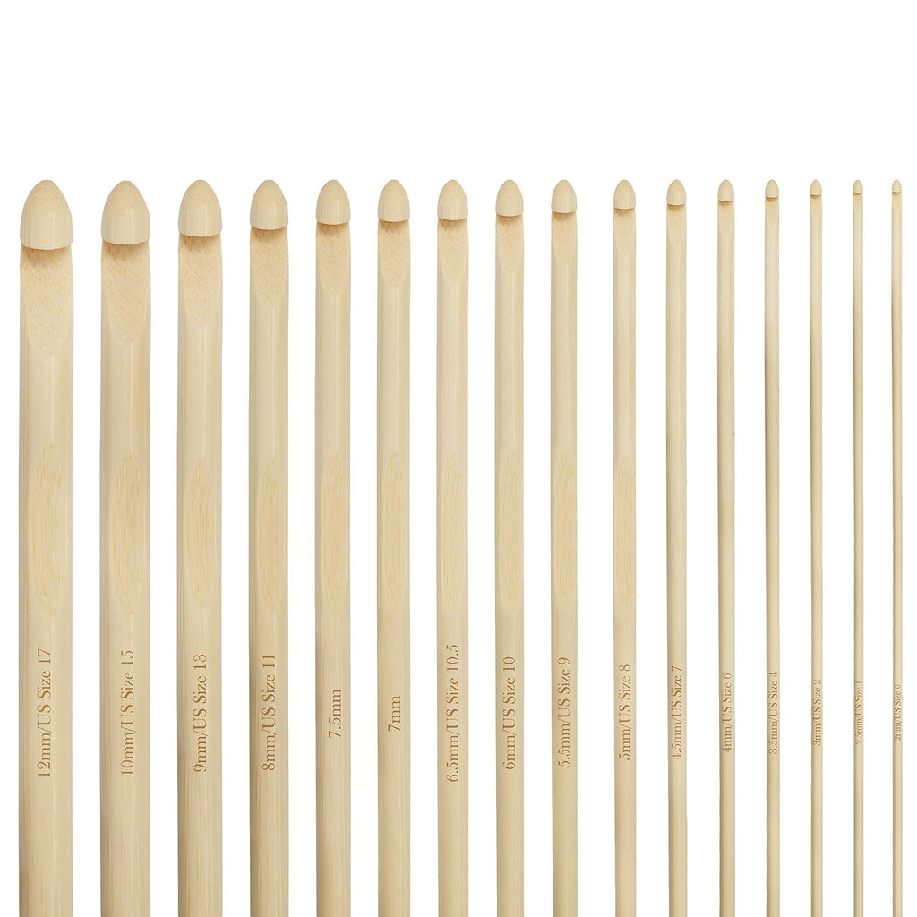 Set of 16 bamboo Tunisian crochet hooks with sizes printed on each hook, displayed from largest to smallest.
