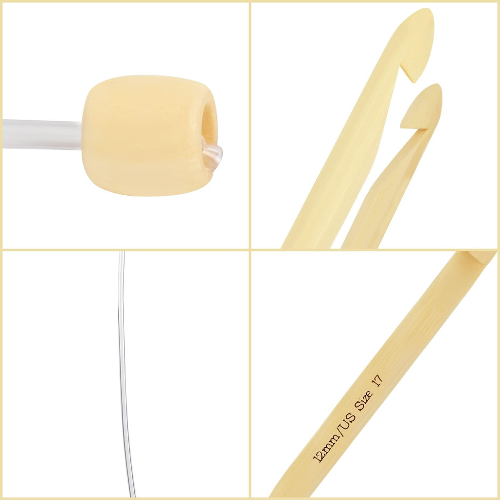 Close-up of a large bamboo crochet hook with a plastic cable and bead end, showing the hook tip and size marking.