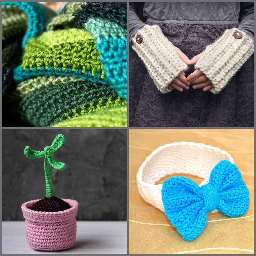 Collage of four crochet items: a colorful blanket, fingerless gloves, a potted plant, and a headband with a bow.